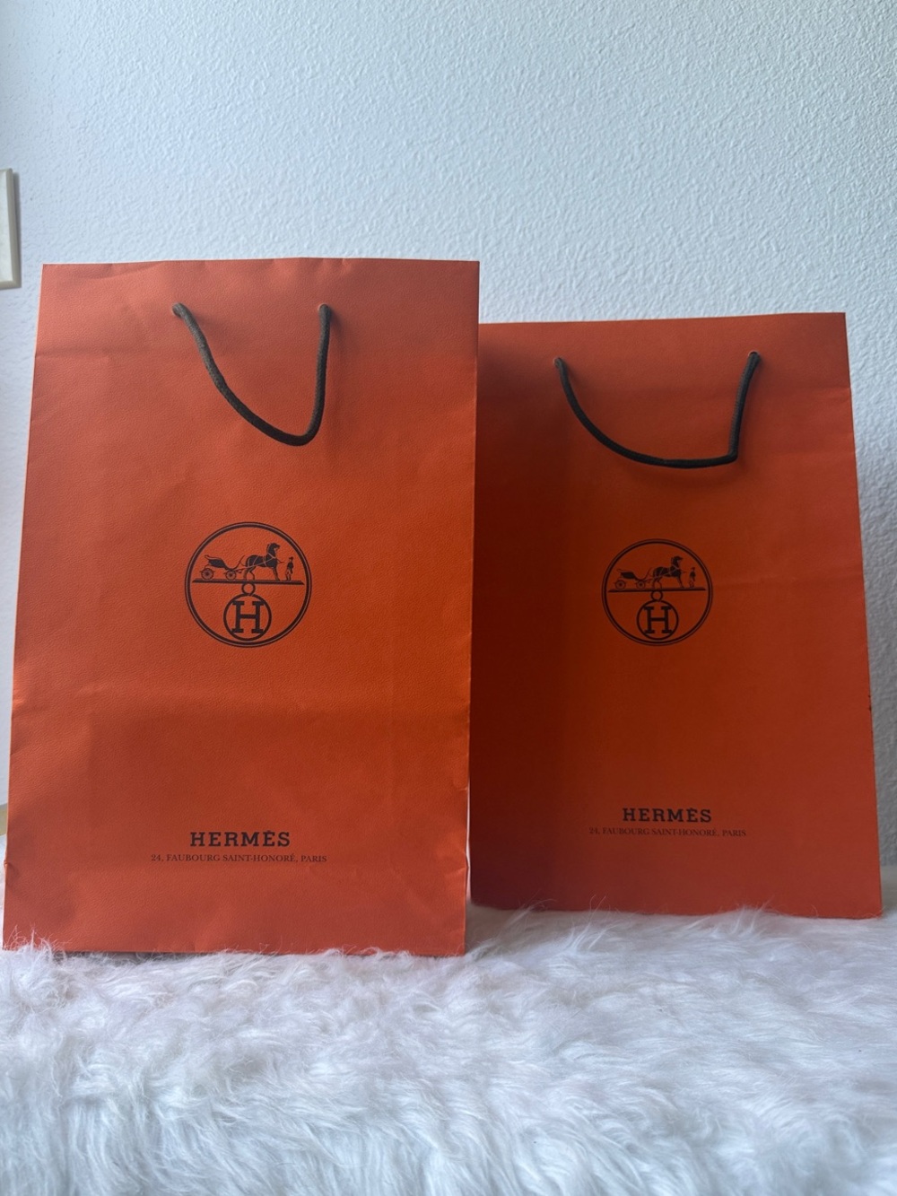 Hermes Orange Shopping Bags with Black Rope Handles - Set of 2